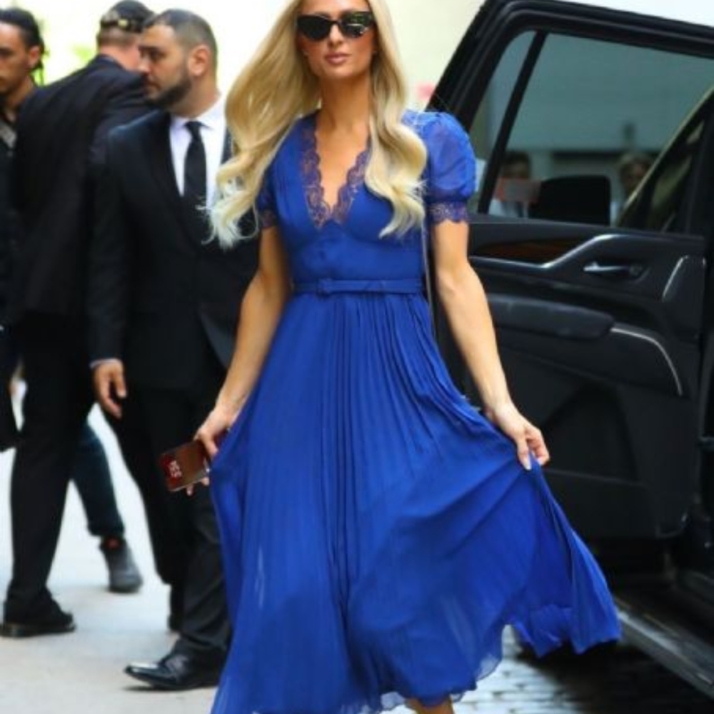 NWT Self Portrait Elegant Blue Lace Trim Chiffon Dress